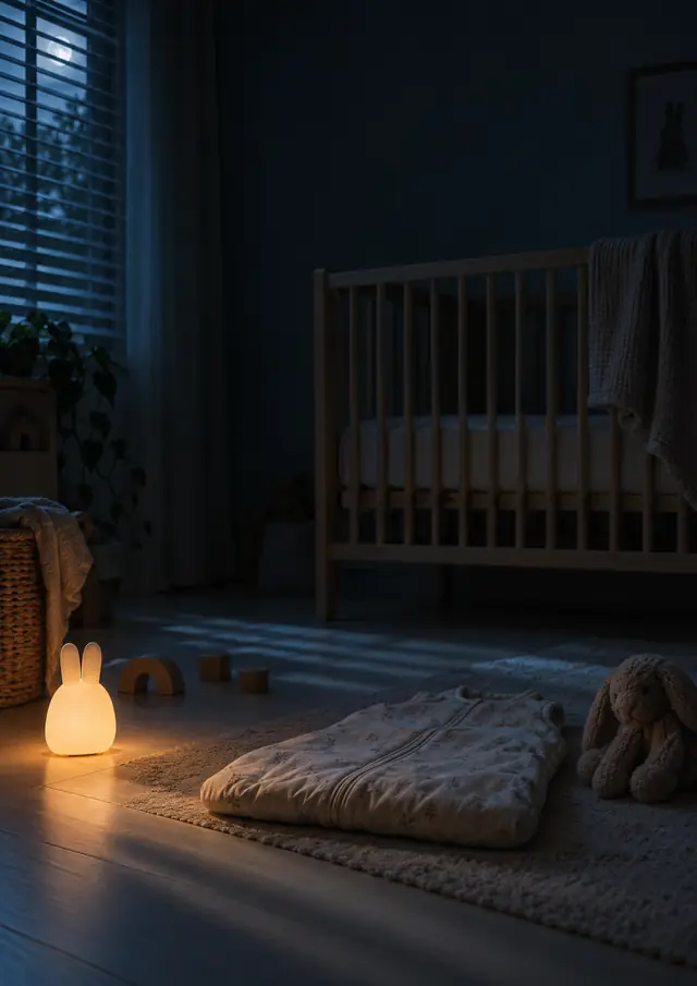 Verdunkeltes Kinderzimmer bei Nacht, ein kleines Nachtlicht und ein gefalteter Schlafsack