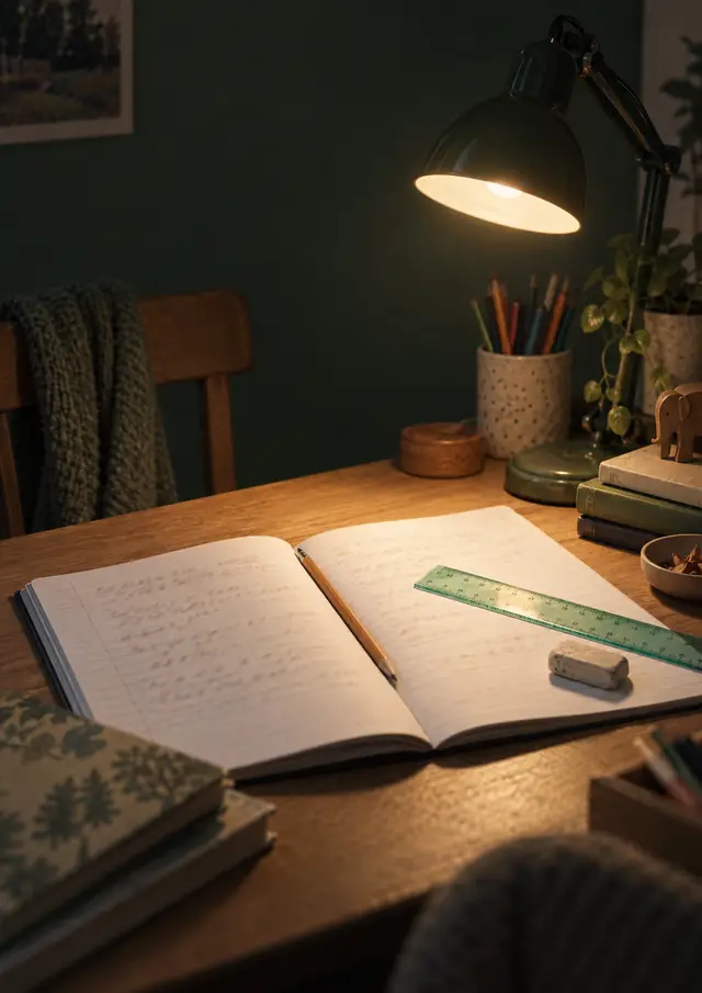 Aufgeschlagenes Schulheft unter einer Schreibtischlampe, daneben Bleistift und Leselineal